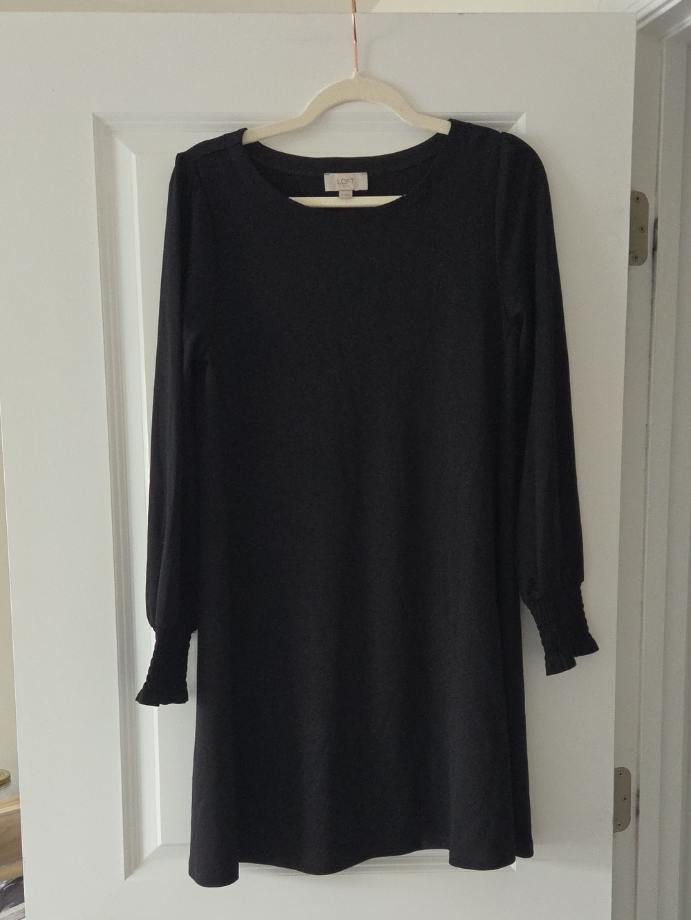 LOFT Black Long-Sleeve Swing Dress with Smocked Cuffs